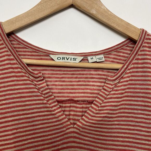 Orvis M Red Striped 100% Linen T-shirt Jersey Knit Split Neck Short Sleeves - Picture 3 of 10